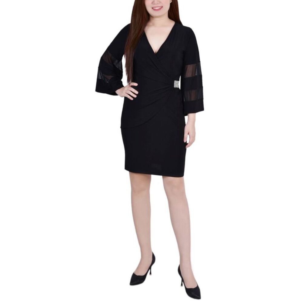 NY Collection Petite Sheer-Sleeve Wrap Dress